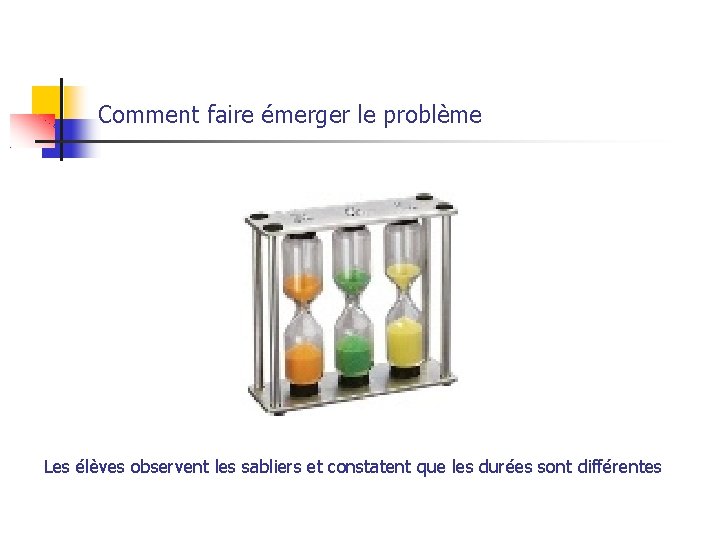 Comment faire émerger le problème Les élèves observent les sabliers et constatent que les Comment faire émerger le problème Les élèves observent les sabliers et constatent que les