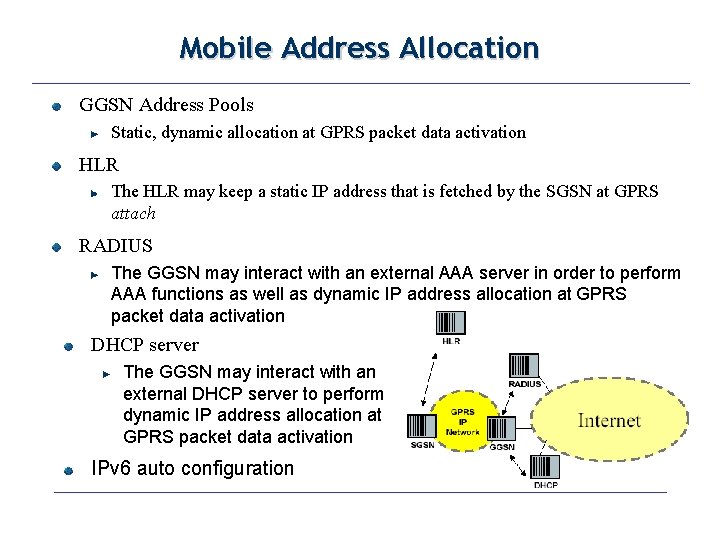 Mobile Address Allocation GGSN Address Pools Static, dynamic allocation at GPRS packet data activation