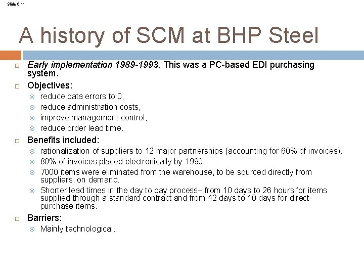 Slide 6. 11 A history of SCM at BHP Steel Early implementation 1989 -1993.