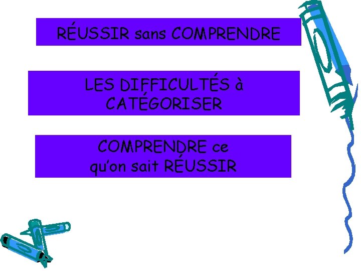 RÉUSSIR sans COMPRENDRE LES DIFFICULTÉS à CATÉGORISER COMPRENDRE ce qu’on sait RÉUSSIR 