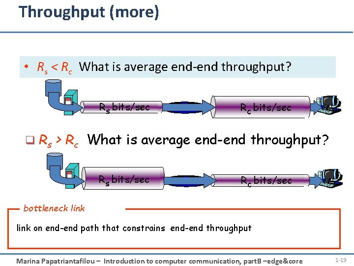 Throughput (more) • Rs < Rc What is average end-end throughput? Rs bits/sec Rc