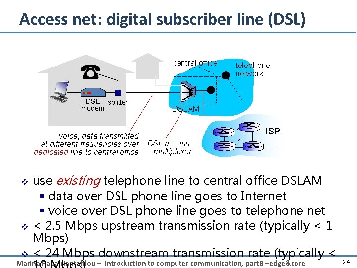 Access net: digital subscriber line (DSL) central office DSL splitter modem voice, data transmitted