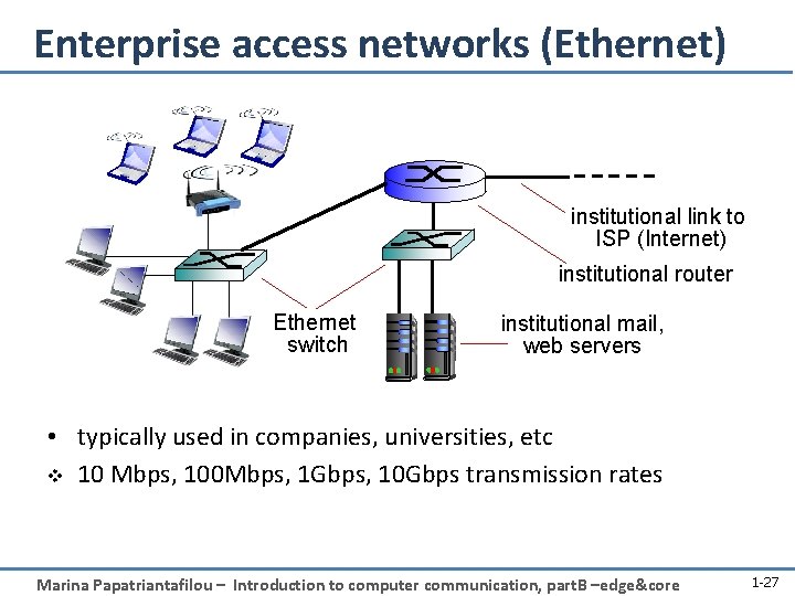 Enterprise access networks (Ethernet) institutional link to ISP (Internet) institutional router Ethernet switch institutional