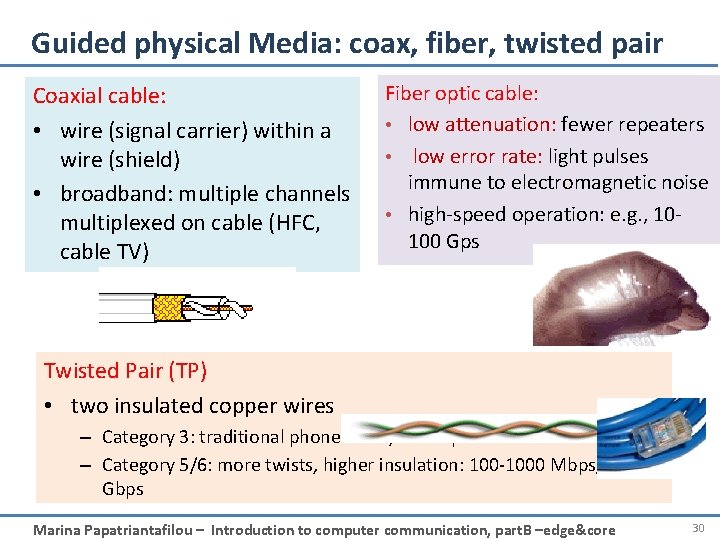 Guided physical Media: coax, fiber, twisted pair Coaxial cable: • wire (signal carrier) within