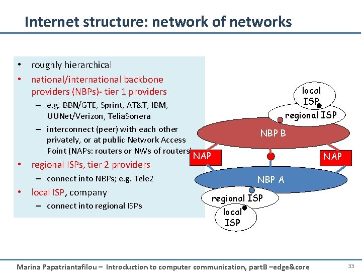 Internet structure: network of networks • roughly hierarchical • national/international backbone providers (NBPs)- tier