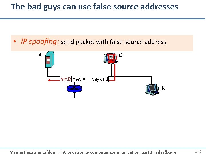 The bad guys can use false source addresses • IP spoofing: send packet with