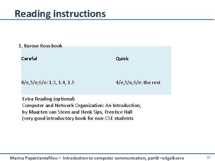 Reading instructions 1. Kurose Ross book Careful Quick 4/e, 5/e, 6/e: 1. 3, 1.