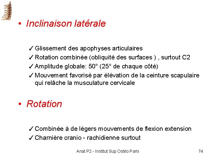 • Inclinaison latérale ✓ Glissement des apophyses articulaires ✓ Rotation combinée (obliquité des • Inclinaison latérale ✓ Glissement des apophyses articulaires ✓ Rotation combinée (obliquité des