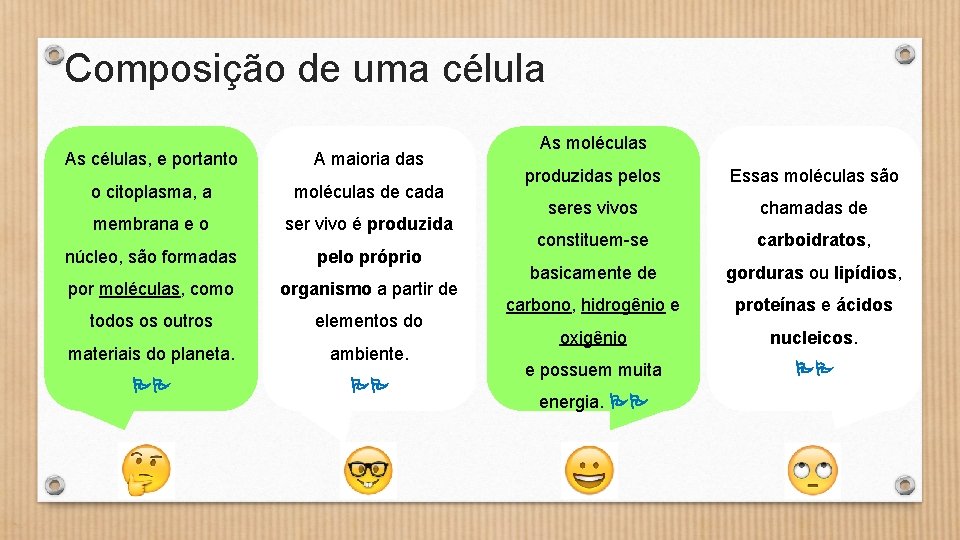 Composição de uma célula As células, e portanto A maioria das o citoplasma, a