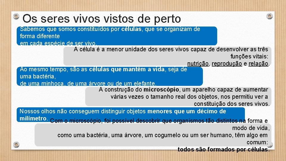 Os seres vivos vistos de perto Sabemos que somos constituídos por células, que se