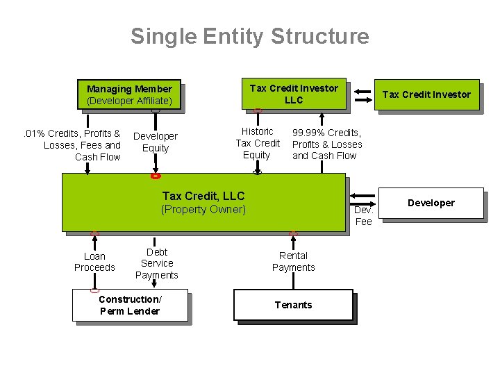 Single Entity Structure Tax Credit Investor LLC Managing Member (Developer Affiliate). 01% Credits, Profits