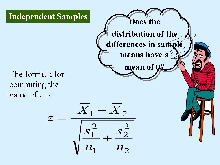 Independent Samples The formula for computing the value of z is: Does the distribution