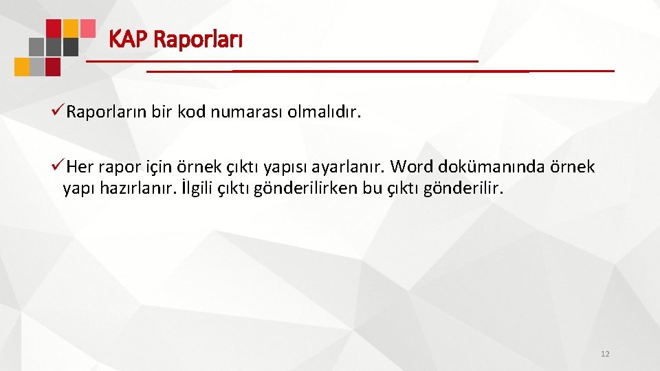 KAP Raporları üRaporların bir kod numarası olmalıdır. üHer rapor için örnek çıktı yapısı ayarlanır.