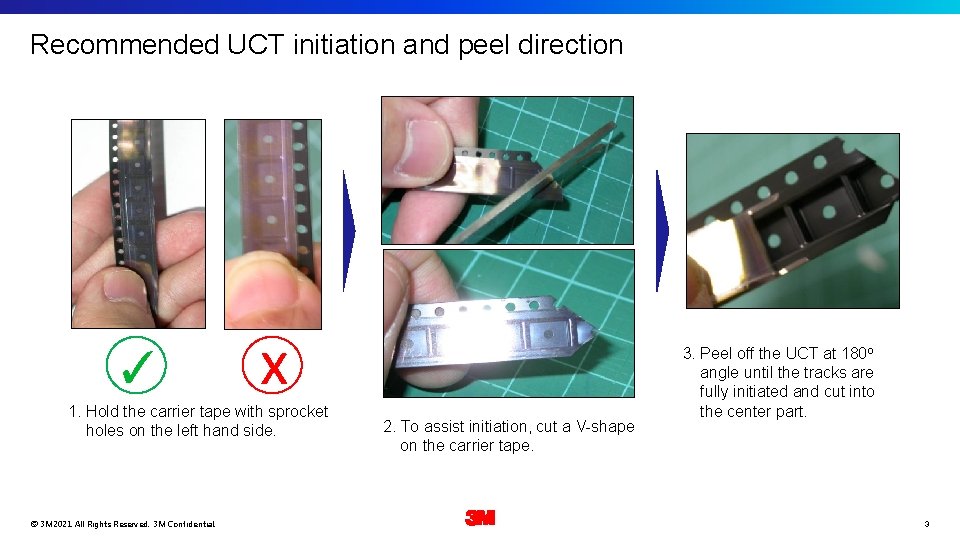 Recommended UCT initiation and peel direction ✓ x 1. Hold the carrier tape with