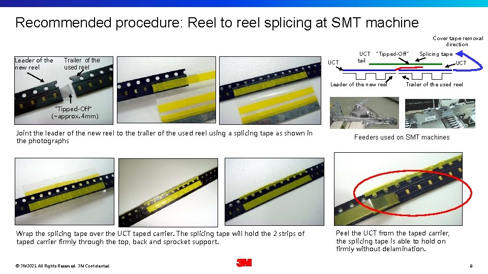 Recommended procedure: Reel to reel splicing at SMT machine Cover tape removal direction Leader