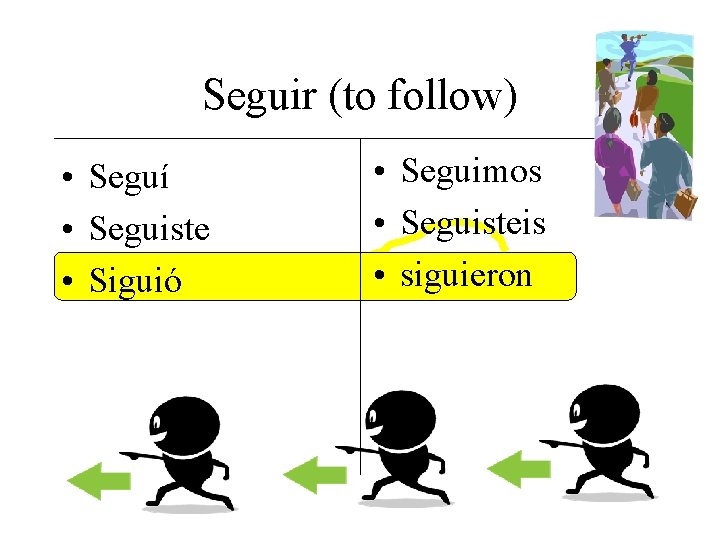 Seguir (to follow) • Seguí • Seguiste • Siguió • Seguimos • Seguisteis •