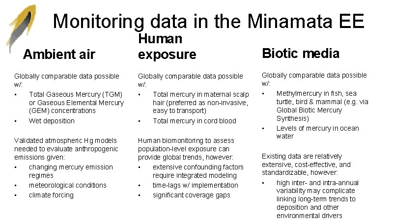 Monitoring data in the Minamata EE Ambient air Human exposure Globally comparable data possible