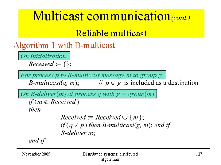 Multicast communication(cont. ) Reliable multicast Algorithm 1 with B-multicast November 2005 Distributed systems: distributed
