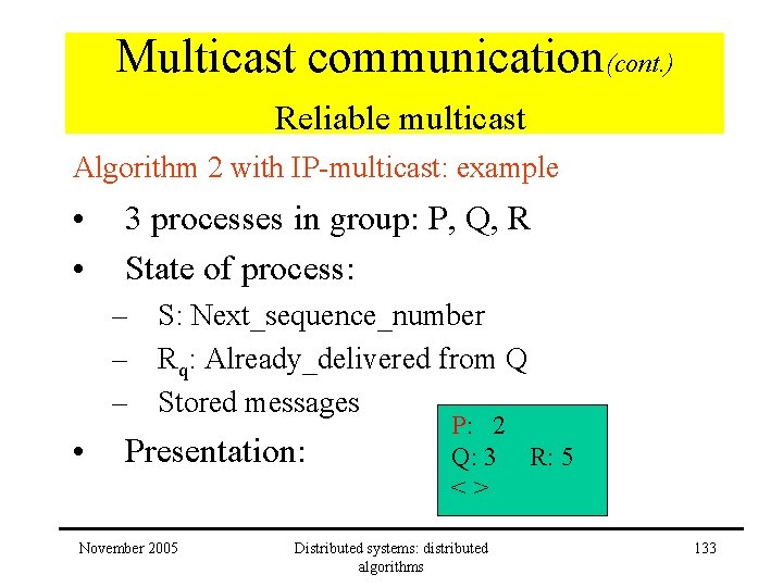 Multicast communication(cont. ) Reliable multicast Algorithm 2 with IP-multicast: example • • 3 processes