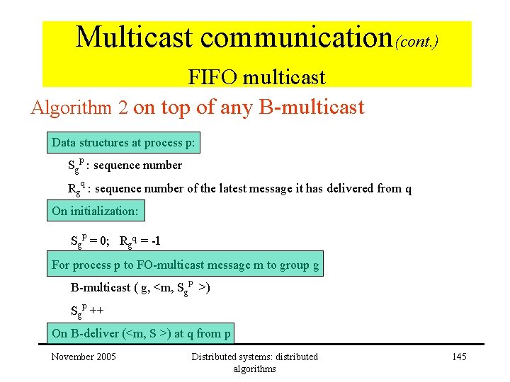 Multicast communication(cont. ) FIFO multicast Algorithm 2 on top of any B-multicast Data structures