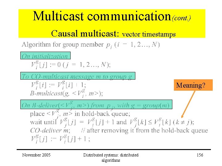Multicast communication(cont. ) Causal multicast: vector timestamps Meaning? November 2005 Distributed systems: distributed algorithms