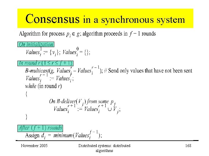 Consensus in a synchronous system November 2005 Distributed systems: distributed algorithms 168 
