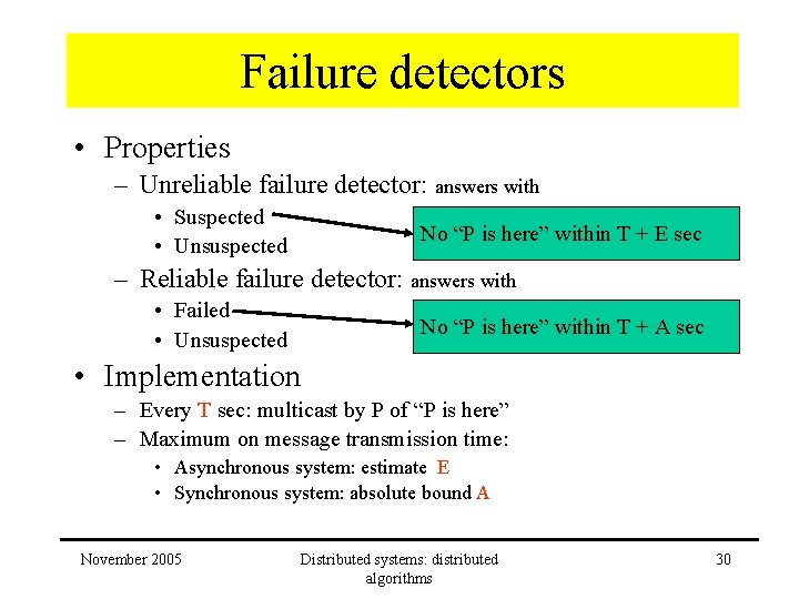 Failure detectors • Properties – Unreliable failure detector: answers with • Suspected • Unsuspected