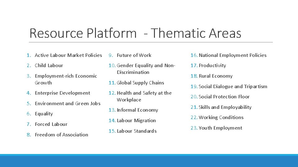 Resource Platform - Thematic Areas 1. Active Labour Market Policies 9. Future of Work