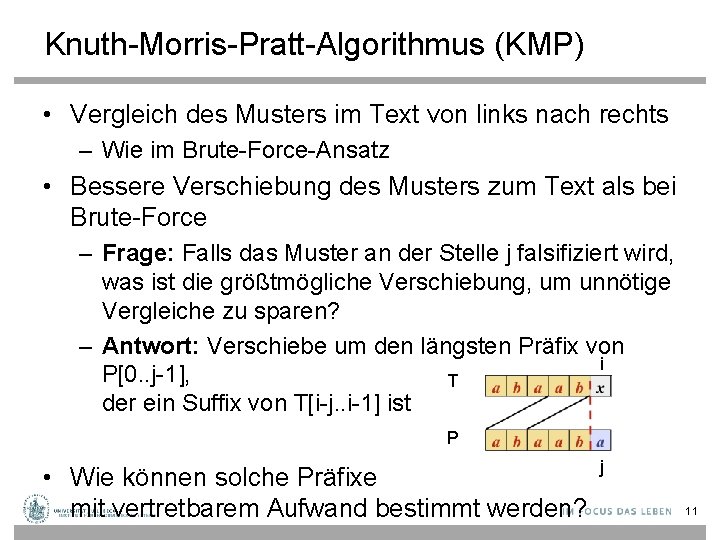 Knuth-Morris-Pratt-Algorithmus (KMP) • Vergleich des Musters im Text von links nach rechts – Wie