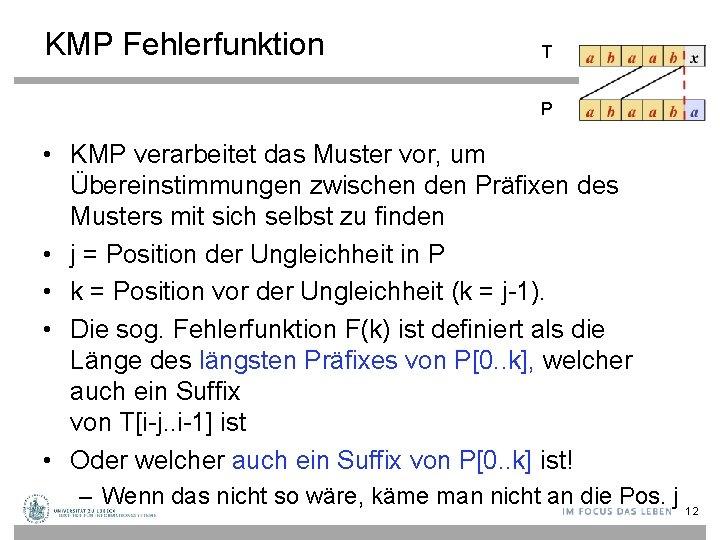 KMP Fehlerfunktion T P • KMP verarbeitet das Muster vor, um Übereinstimmungen zwischen den