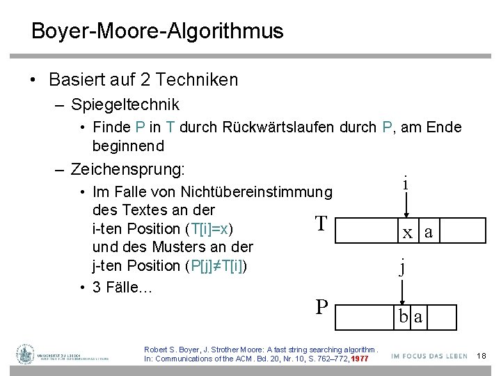 Boyer-Moore-Algorithmus • Basiert auf 2 Techniken – Spiegeltechnik • Finde P in T durch