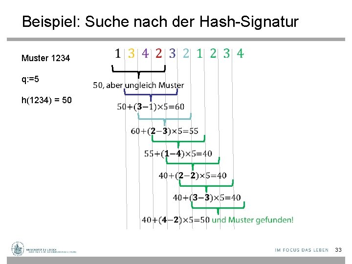 Beispiel: Suche nach der Hash-Signatur Muster 1234 • q: =5 h(1234) = 50 33