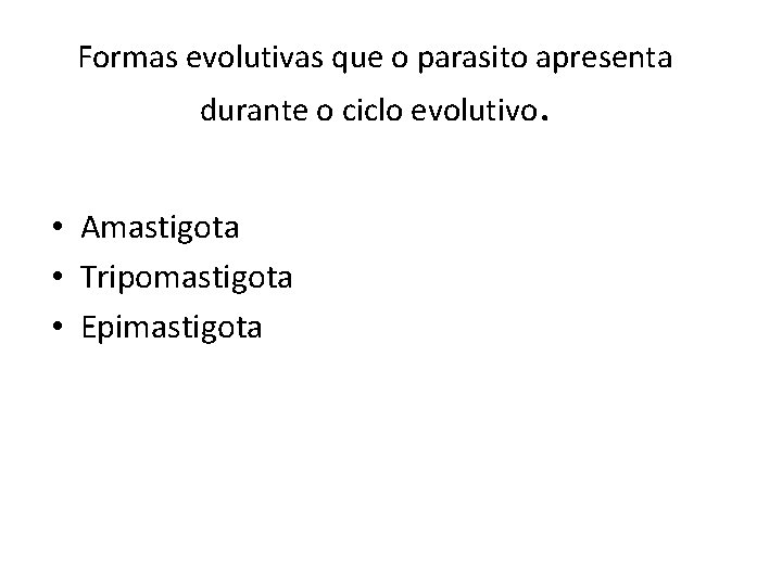 Formas evolutivas que o parasito apresenta durante o ciclo evolutivo. • Amastigota • Tripomastigota