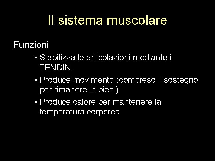 Il sistema muscolare Funzioni • Stabilizza le articolazioni mediante i TENDINI • Produce movimento