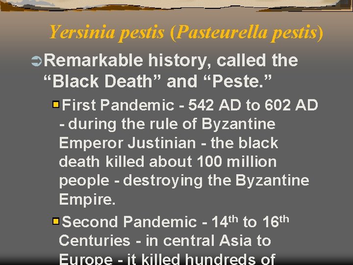 Yersinia pestis (Pasteurella pestis) Ü Remarkable history, called the “Black Death” and “Peste. ”