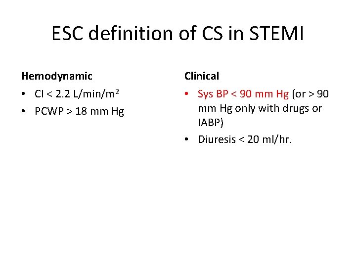 ESC definition of CS in STEMI Hemodynamic Clinical • CI < 2. 2 L/min/m