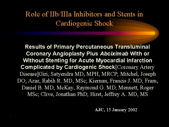 Role of IIb/IIIa Inhibitors and Stents in Cardiogenic Shock Results of Primary Percutaneous Transluminal