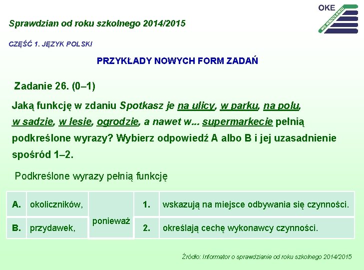  Sprawdzian od roku szkolnego 2014/2015 CZĘŚĆ 1. JĘZYK POLSKI PRZYKŁADY NOWYCH FORM ZADAŃ