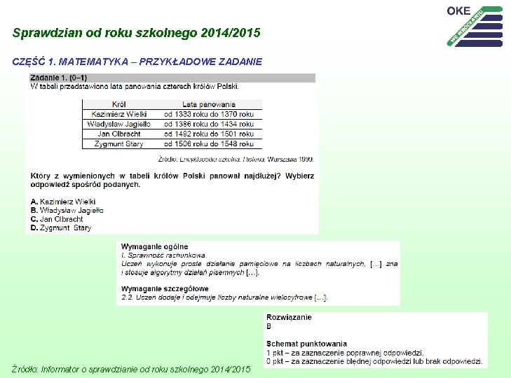 Sprawdzian od roku szkolnego 2014/2015 CZĘŚĆ 1. MATEMATYKA – PRZYKŁADOWE ZADANIE Źródło: Informator o