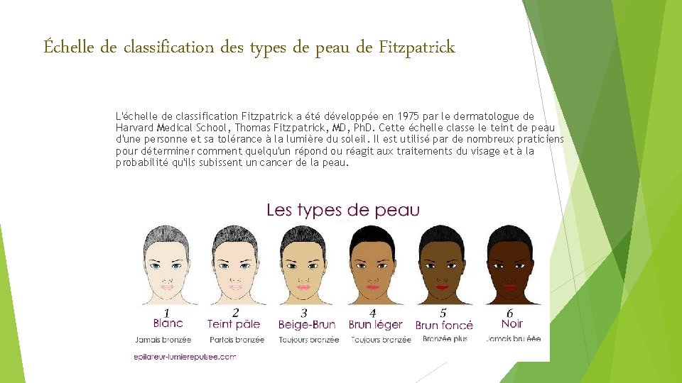 Échelle de classification des types de peau de Fitzpatrick L'échelle de classification Fitzpatrick a Échelle de classification des types de peau de Fitzpatrick L'échelle de classification Fitzpatrick a