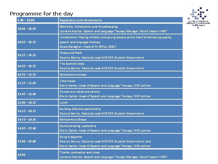 Programme for the day 9. 30 – 10. 00 Registration and refreshments 10. 00