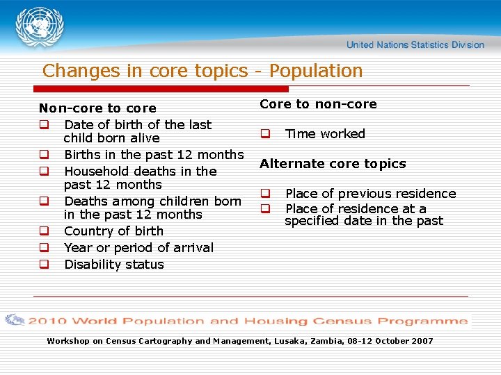 Changes in core topics - Population Non-core to core q Date of birth of