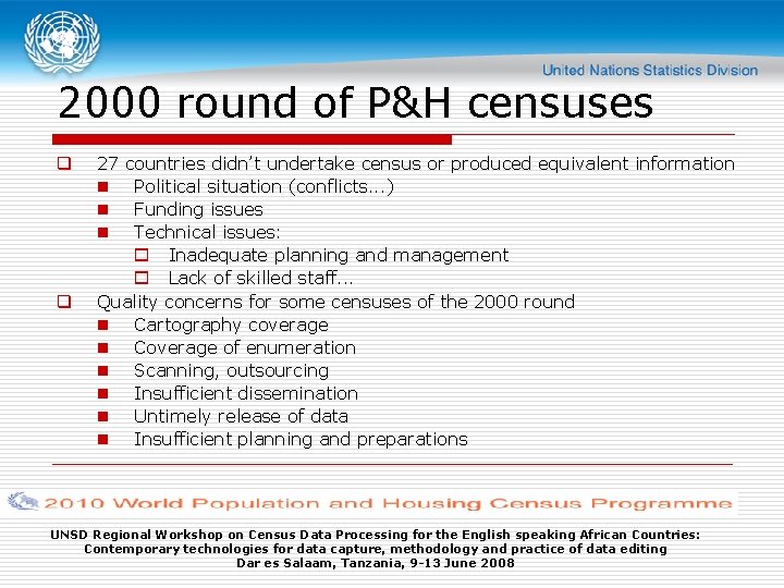 2000 round of P&H censuses q q 27 n n n countries didn’t undertake