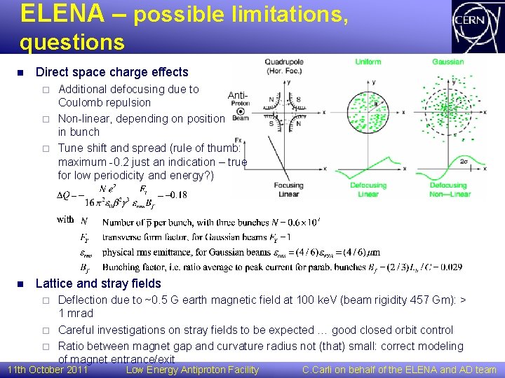 ELENA – possible limitations, questions n Direct space charge effects Additional defocusing due to