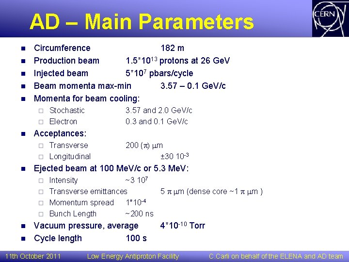 AD – Main Parameters n n n Circumference 182 m Production beam 1. 5*1013