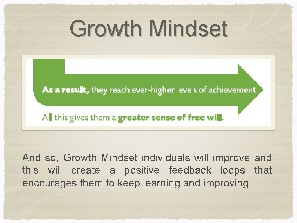 Growth Mindset And so, Growth Mindset individuals will improve and this will create a