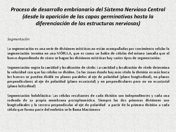 Proceso de desarrollo embrionario del Sistema Nervioso Central (desde la aparición de las capas