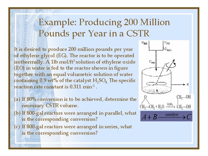 Example: Producing 200 Million Pounds per Year in a CSTR It is desired to Example: Producing 200 Million Pounds per Year in a CSTR It is desired to