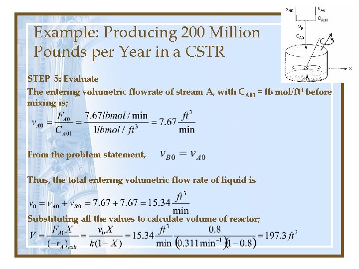 Example: Producing 200 Million Pounds per Year in a CSTR v 0 VV STEP Example: Producing 200 Million Pounds per Year in a CSTR v 0 VV STEP