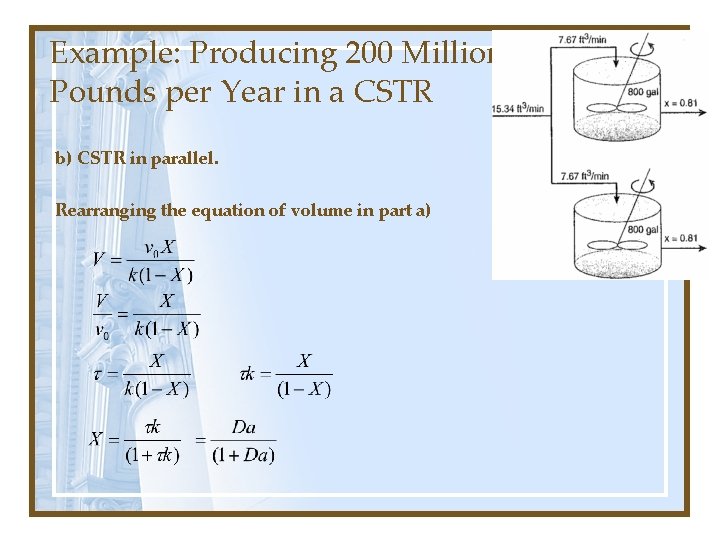 Example: Producing 200 Million Pounds per Year in a CSTR b) CSTR in parallel. Example: Producing 200 Million Pounds per Year in a CSTR b) CSTR in parallel.